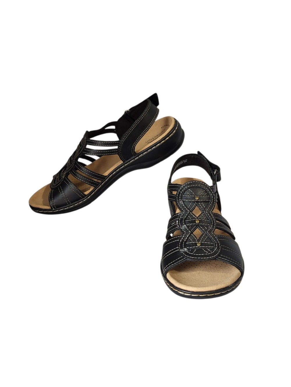 Clarks Leisa Janna Strappy Sandals 7.5 M Black Leather Open Toe Comfort Walking